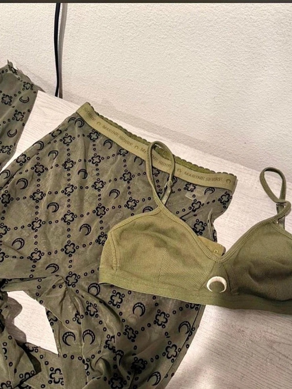 Marine Serre Crescent Moon-embroidered Bralette and mesh leggings